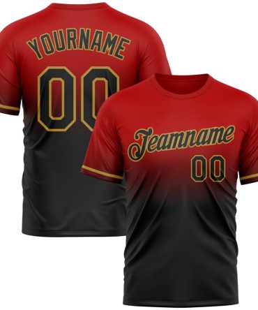 Custom Red Black-Old Gold Fade Fashion Performance T-Shirt, For Football, Baseball, Hockey, Basketball, Softball & Rugby Fans