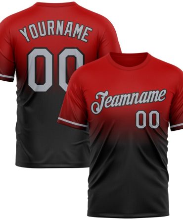 Custom Red Gray-Black Fade Fashion Performance T-Shirt, For Football, Baseball, Hockey, Basketball, Softball & Rugby Fans
