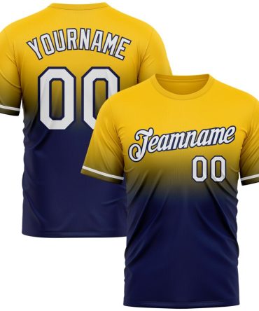 Custom Yellow White-Navy Fade Fashion Performance T-Shirt, For Football, Baseball, Hockey, Basketball, Softball & Rugby Fans