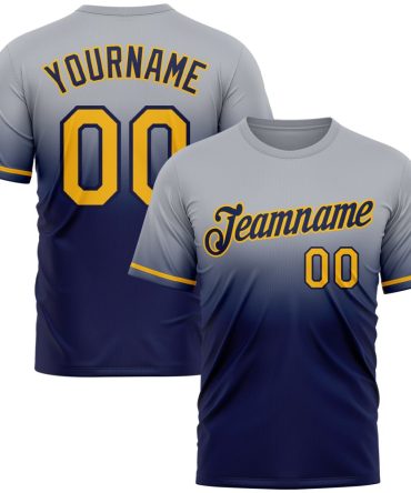 Custom Gray Gold-Navy Fade Fashion Performance T-Shirt, For Football, Baseball, Hockey, Basketball, Softball & Rugby Fans