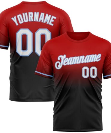 Custom Red Black-Light Blue Fade Fashion Performance T-Shirt, For Football, Baseball, Hockey, Basketball, Softball & Rugby Fans