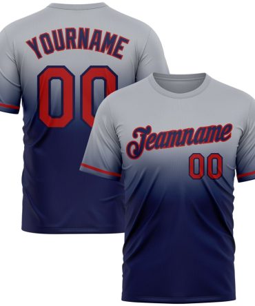 Custom Gray Red-Navy Fade Fashion Performance T-Shirt, For Football, Baseball, Hockey, Basketball, Softball & Rugby Fans