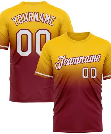 Custom Yellow White-Crimson Fade Fashion Performance T-Shirt, For Football, Baseball, Hockey, Basketball, Softball & Rugby Fans
