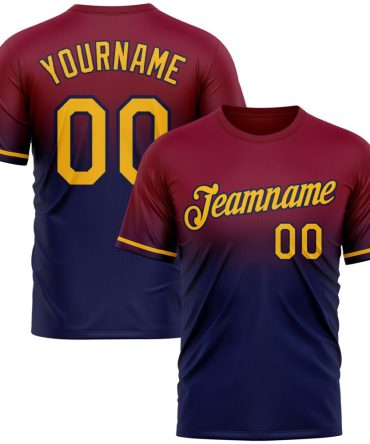 Custom Maroon Gold-Navy Fade Fashion Performance T-Shirt, For Football, Baseball, Hockey, Basketball, Softball & Rugby Fans