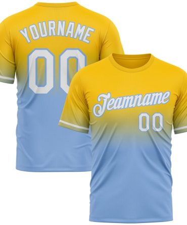 Custom Yellow White-Light Blue Fade Fashion Performance T-Shirt, For Football, Baseball, Hockey, Basketball, Softball & Rugby Fans