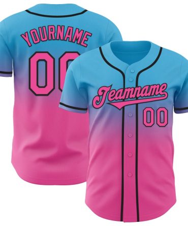 Custom Sky Blue Pink-Black Fade Fashion Baseball Jersey, Gift For Baseball Fans