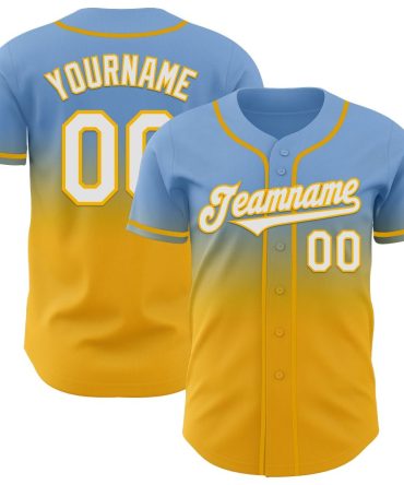 Custom Light Blue White-Gold Fade Fashion Baseball Jersey, Gift For Baseball Fans