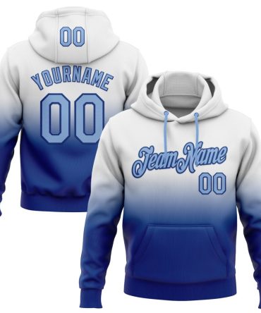Custom White Light Blue-Royal Fade Fashion Sports Pullover Sweatshirt Hoodie, Gift For Football, Baseball, Hockey, Basketball, Softball & Rugby Fans