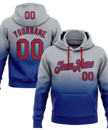 Custom Gray Red-Royal Fade Fashion Sports Pullover Sweatshirt Hoodie, Gift For Football, Baseball, Hockey, Basketball, Softball & Rugby Fans