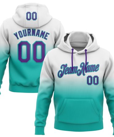 Custom White Purple-Aqua Fade Fashion Sports Pullover Sweatshirt Hoodie, Gift For Football, Baseball, Hockey, Basketball, Softball & Rugby Fans
