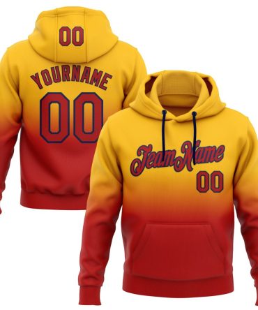 Custom Gold Red-Navy Fade Fashion Sports Pullover Sweatshirt Hoodie, Gift For Football, Baseball, Hockey, Basketball, Softball & Rugby Fans