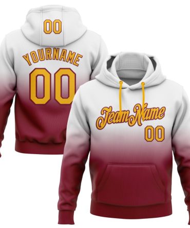 Custom White Gold-Crimson Fade Fashion Sports Pullover Sweatshirt Hoodie, Gift For Football, Baseball, Hockey, Basketball, Softball & Rugby Fans
