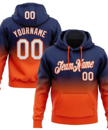 Custom Navy White-Orange Fade Fashion Sports Pullover Sweatshirt Hoodie, Gift For Football, Baseball, Hockey, Basketball, Softball & Rugby Fans