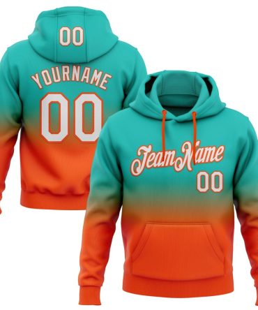Custom Aqua White-Orange Fade Fashion Sports Pullover Sweatshirt Hoodie, Gift For Football, Baseball, Hockey, Basketball, Softball & Rugby Fans