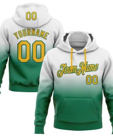 Custom White Gold-Kelly Green Fade Fashion Sports Pullover Sweatshirt Hoodie, Gift For Football, Baseball, Hockey, Basketball, Softball & Rugby Fans