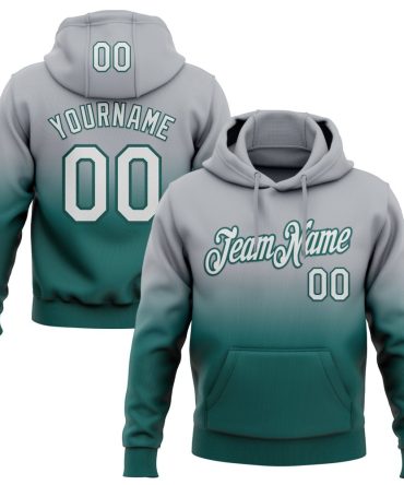 Custom Gray White-Midnight Green Fade Fashion Sports Pullover Sweatshirt Hoodie, Gift For Football, Baseball, Hockey, Basketball, Softball & Rugby Fans