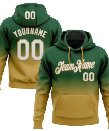 Custom Green White-Old Gold Fade Fashion Sports Pullover Sweatshirt Hoodie, Gift For Football, Baseball, Hockey, Basketball, Softball & Rugby Fans