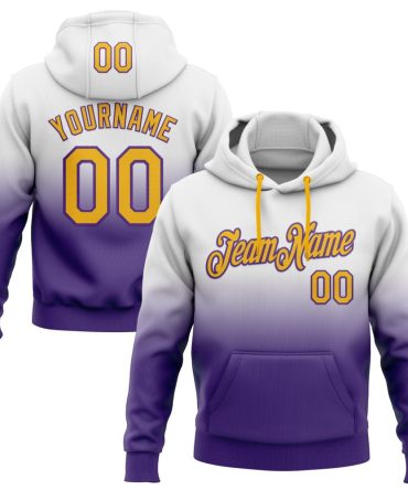 Custom White Gold-Purple Fade Fashion Sports Pullover Sweatshirt Hoodie, Gift For Football, Baseball, Hockey, Basketball, Softball & Rugby Fans