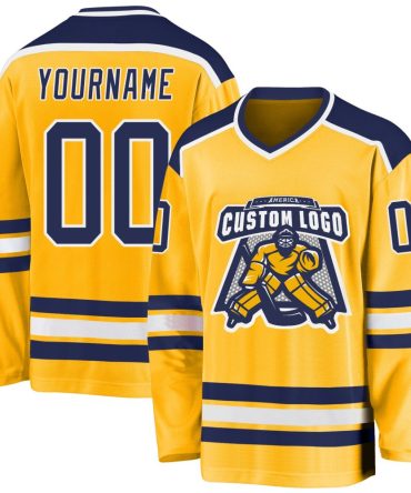Custom Gold Navy-White Hockey Jersey, Gift For Hockey Fans