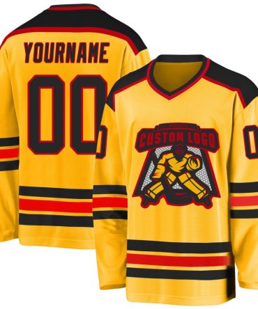 Custom Gold Black-Red Hockey Jersey, Gift For Hockey Fans