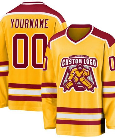 Custom Gold Maroon-White Hockey Jersey, Gift For Hockey Fans