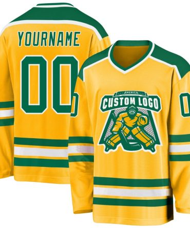 Custom Gold Kelly Green-White Hockey Jersey, Gift For Hockey Fans