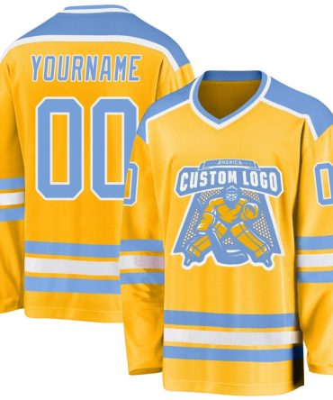 Custom Gold Light Blue-White Hockey Jersey, Gift For Hockey Fans