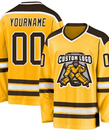 Custom Gold Brown-White Hockey Jersey, Gift For Hockey Fans