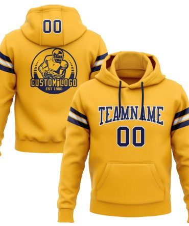 Custom Gold Navy-White Football Pullover Sweatshirt Hoodie, Gift For Football, Baseball, Hockey, Basketball, Softball & Rugby Fans