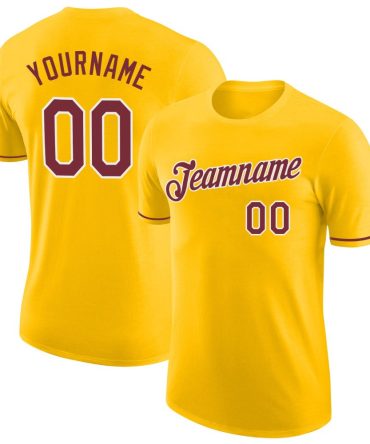 Custom Gold Burgundy-White Performance T-Shirt, For Football, Baseball, Hockey, Basketball, Softball & Rugby Fans