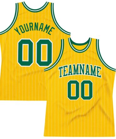 Custom Gold White Pinstripe Kelly Green Basketball Jersey, Gift For Basketball Fans