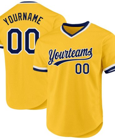 Custom Gold Navy-White Throwback Baseball Jersey, Gift For Baseball Fans