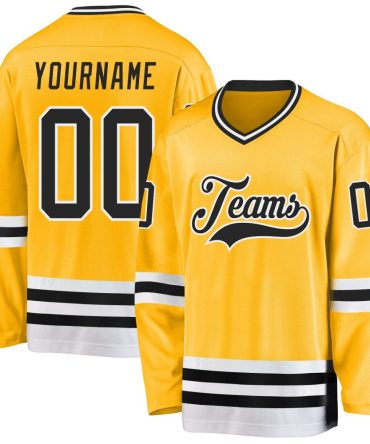 Custom Gold Black-White Hockey Jersey, Gift For Hockey Fans