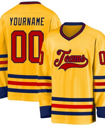 Custom Gold Red-Navy Hockey Jersey, Gift For Hockey Fans