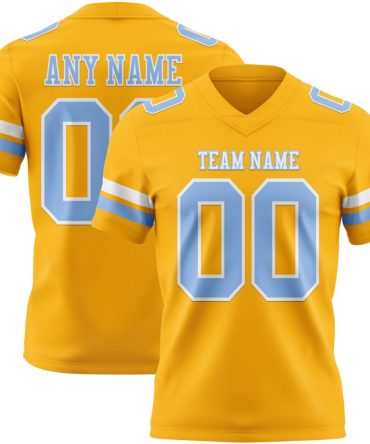 Custom Gold Light Blue-White Authentic Football Jersey, Gift For Football Fans