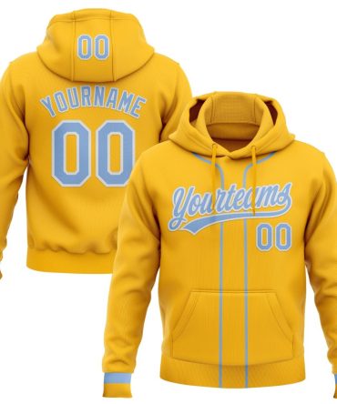 Custom Gold Light Blue-White Baseball Pullover Sweatshirt Hoodie, Gift For Football, Baseball, Hockey, Basketball, Softball & Rugby Fans