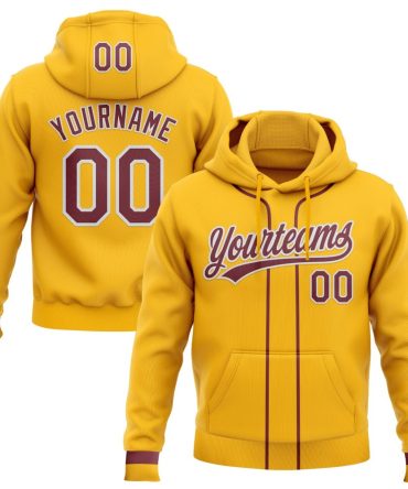 Custom Gold Burgundy-White Baseball Pullover Sweatshirt Hoodie, Gift For Football, Baseball, Hockey, Basketball, Softball & Rugby Fans