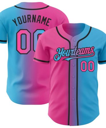 Custom Sky Blue Pink-Black Gradient Fashion Baseball Jersey, Gift For Baseball Fans