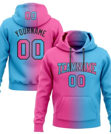 Custom Sky Blue Pink-Black Gradient Fashion Sports Pullover Sweatshirt Hoodie, Gift For Football, Baseball, Hockey, Basketball, Softball & Rugby Fans