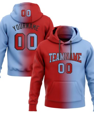 Custom Light Blue Red-Black Gradient Fashion Sports Pullover Sweatshirt Hoodie, Gift For Football, Baseball, Hockey, Basketball, Softball & Rugby Fans