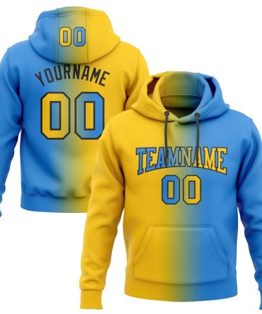 Custom Powder Blue Yellow-Black Gradient Fashion Sports Pullover Sweatshirt Hoodie, Gift For Football, Baseball, Hockey, Basketball, Softball & Rugby Fans