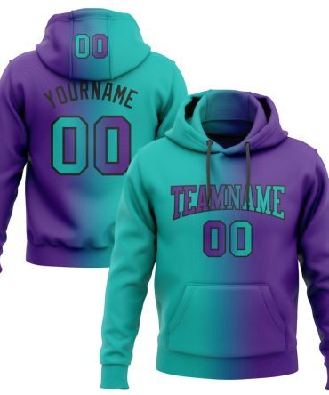 Custom Purple Aqua-Black Gradient Fashion Sports Pullover Sweatshirt Hoodie, Gift For Football, Baseball, Hockey, Basketball, Softball & Rugby Fans