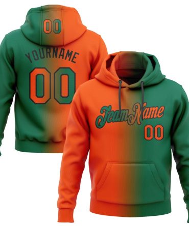 Custom Kelly Green Orange-Black Gradient Fashion Sports Pullover Sweatshirt Hoodie, Gift For Football, Baseball, Hockey, Basketball, Softball & Rugby Fans