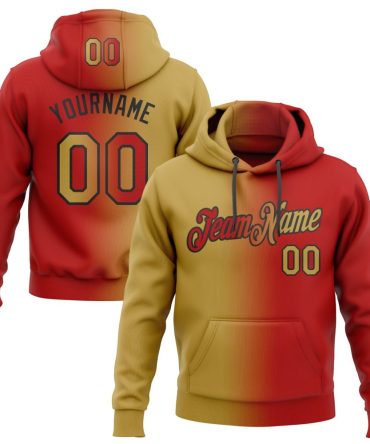 Custom Red Old Gold-Black Gradient Fashion Sports Pullover Sweatshirt Hoodie, Gift For Football, Baseball, Hockey, Basketball, Softball & Rugby Fans