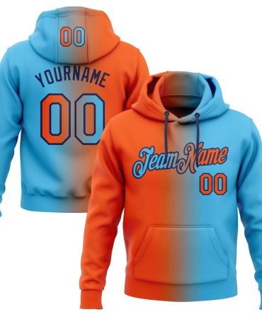 Custom Sky Blue Orange-Navy Gradient Fashion Sports Pullover Sweatshirt Hoodie, Gift For Football, Baseball, Hockey, Basketball, Softball & Rugby Fans