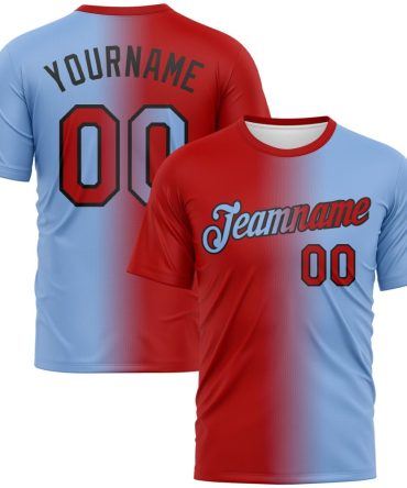 Custom Light Blue Red-Black Gradient Fashion Performance T-Shirt, For Football, Baseball, Hockey, Basketball, Softball & Rugby Fans