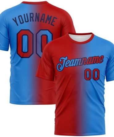 Custom Powder Blue Red-Navy Gradient Fashion Performance T-Shirt, For Football, Baseball, Hockey, Basketball, Softball & Rugby Fans