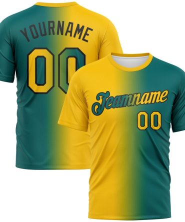 Custom Teal Yellow-Black Gradient Fashion Performance T-Shirt, For Football, Baseball, Hockey, Basketball, Softball & Rugby Fans