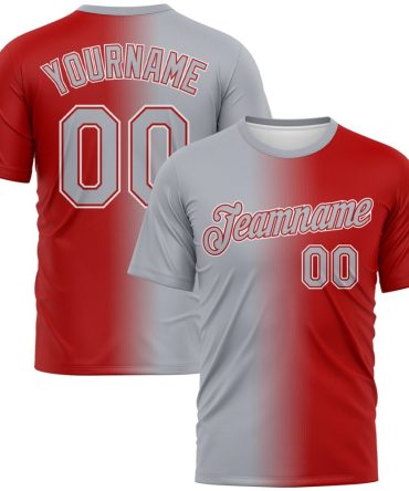 Custom Red Gray-White Gradient Fashion Performance T-Shirt, For Football, Baseball, Hockey, Basketball, Softball & Rugby Fans