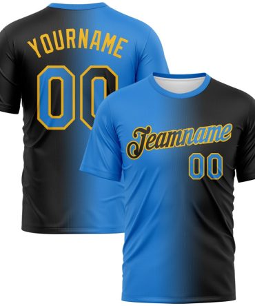 Custom Black Powder Blue-Gold Gradient Fashion Performance T-Shirt, For Football, Baseball, Hockey, Basketball, Softball & Rugby Fans